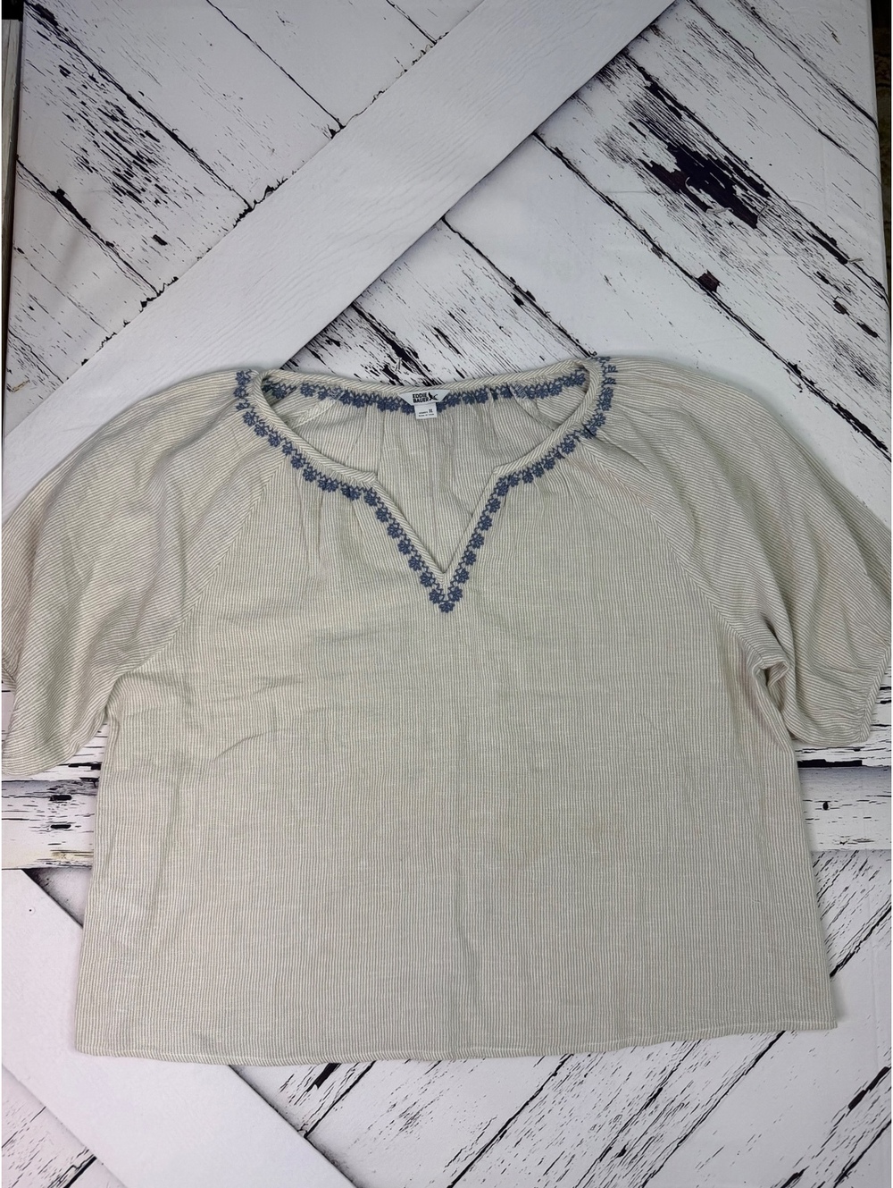 Eddie Bauer Embroidered Split Peasant Neck Top Dobby Stripe Boho Women XL